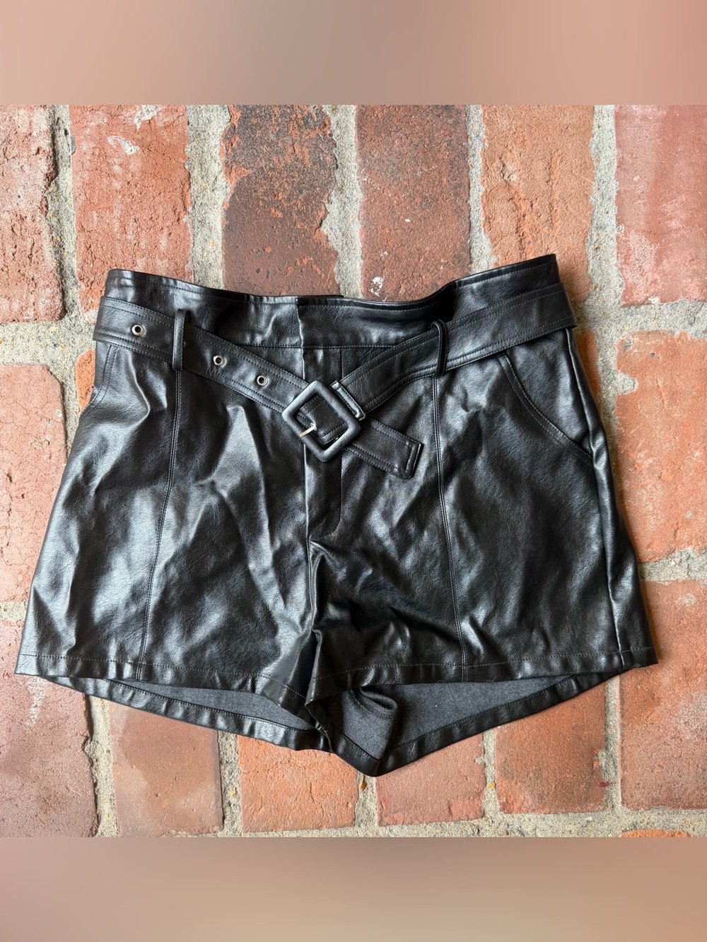 Altar'd State Black Faux Leather High-Waist Belted Shorts